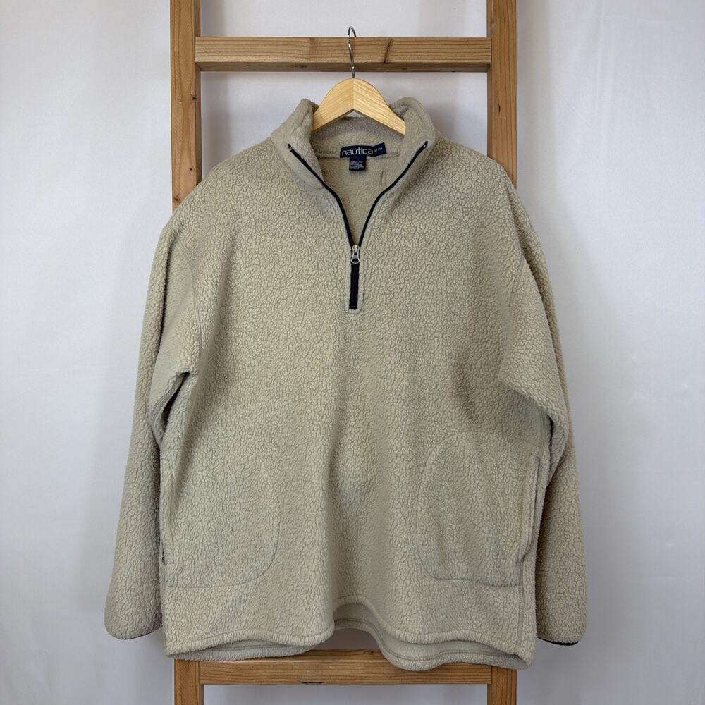 Vintage Nautica Men's Tan 1/4 Zip Fleece Jacket MEDIUM Made in USA Side Pockets